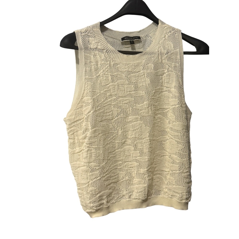 Melanie‎ Lyne Ivory Pointelle Knit Sleeveless Shell Top Crew Neck Size L 89161